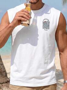 VIVINTIMO 男士休闲波浪图案白色背心，带抽绳和松紧腰设计，适合夏季 - 白色 - 查看 4