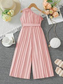Elladie kids 女童荷叶边不对称领阔腿连体裤 - 粉色 - 查看 2