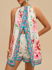 Travachic Bộ jumpsuit cỡ lớn cổ yếm xẻ tà, họa tiết nhiệt đới, hở vai, dáng rộng thanh lịch, thích hợp mặc hàng ngày và đi nghỉ mát, mùa xuân/hè, họa tiết đối xứng. - Nhiều màu - Xem 12