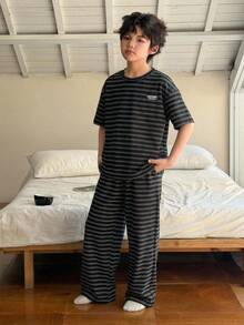 DAZY 男童条纹短袖上衣和裤子睡衣套装（夏季款） - 黑色 - 查看 4