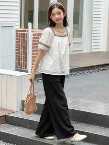 2pcs/Set Teen GirlRound Neck Woven Short Sleeve Shirt And Pants Set, Summer - Black and White - View 5