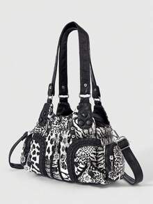 ROMWE Grunge Punk 时尚女士单肩包 朋克豹纹女士包 女士手提包 火车头辣妹包 斜挎女士包 通勤女士包 - 黑與白 - 查看 2