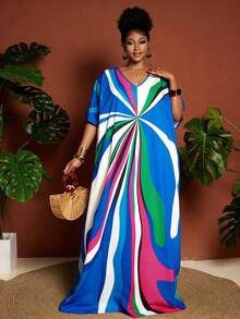 Maweii Gaun Pesta Kasual Wanita Ukuran Besar dengan Leher V dan Blok Warna - Royal Blue - View 4