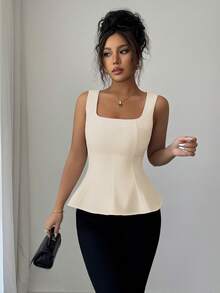 Elenzga Áo kiểu nữ không tay cổ vuông thanh lịch, thích hợp cho công sở, đi làm, tiệc trà chiều, dự tiệc, kỳ nghỉ và các dịp thường ngày. - Màu be - Xem 6