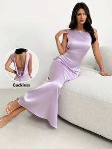 Firerie Spring/Summer New Elegant Purple Backless Halter Adjustable Tie Back Dress, Suitable For Wedding Guest, Party, Vacation - Mauve Purple - View 1