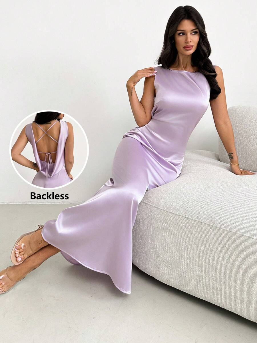 Firerie Spring/Summer New Elegant Purple Backless Halter Adjustable Tie Back Dress, Suitable For Wedding Guest, Party, Vacation - Mauve Purple - View 1