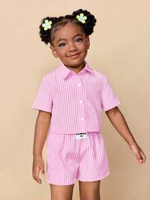 Travachic KIDS 2pcs Young Girl Woven Solid Striped Casual Shirt And Shorts Set - Pink - View 5