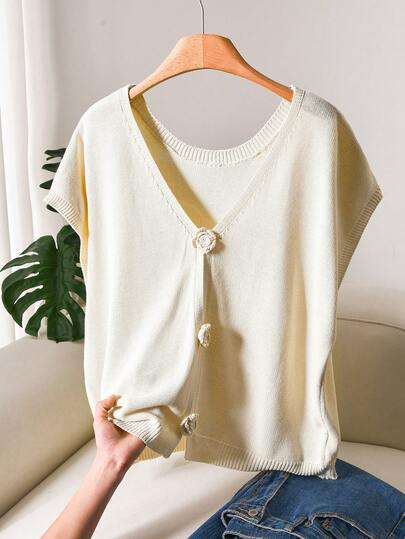 CosyJoli Suéter de manga corta de unicolor con decoración floral 3D de talla grande