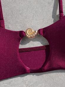 Bonvoyette 3 pièces Ensemble de bikini sexy violet rouge pour femmes, avec découpes, décoration de coquillage doré, bretelles ajustables, liens sur les côtés, froncé, mini-jupe en maille, convient pour la natation, les vacances, la plage, les fêtes de piscine - Fushia - Voir 7