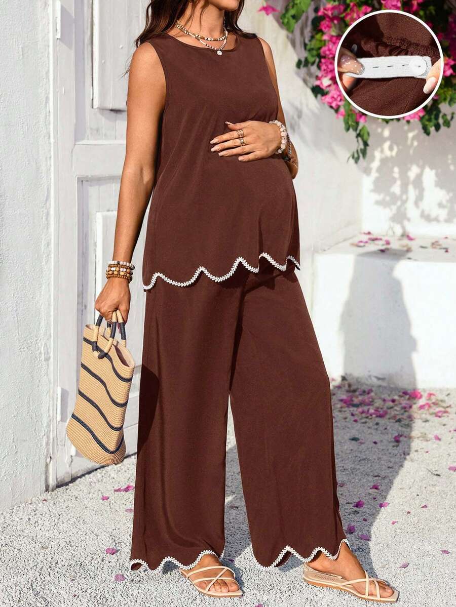 SHEIN 孕妇休闲无袖上衣和裤子两件套 - 咖啡棕 - 查看 1