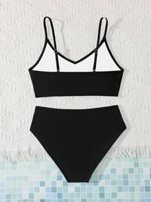 SHEIN Teen Girls Bikini Sets,Black Solid Knit Two Pieces Swimwear With Adjustable Straps,V-Neck Modest High Waist Bathing Suits For Summer,Beach,Holiday - Black - View 2