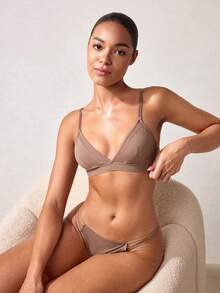 女士內衣套裝（無縫文胸和丁字褲） - 咖啡棕 - 查看 7