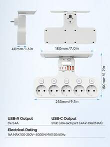 Teckwe 5孔牆壁插座擴展器，附6個USB充電埠(3C+3A)，壁掛式電源接線板，含手機置物架與開關，家用多功能插頭轉接器 - 查看 5