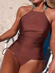 Aveloria Modichic 纯棕色串珠露背两件式泳衣套装，侧边褶皱抽绳设计 - 鏽棕色 - 查看 4