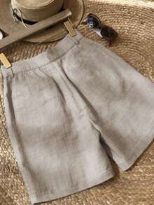 Resyla Quần short nữ in họa tiết hiệp sĩ, kiểu dáng thường ngày, đa năng, thích hợp mặc hàng ngày. - Màu Khaki - Xem 2