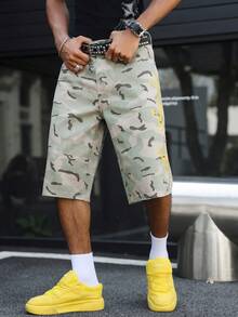 GALLERY FADE Casual Street Camo Straight Loose English Slogan Print Denim Shorts, Spring/Summer - Multicolor - View 6