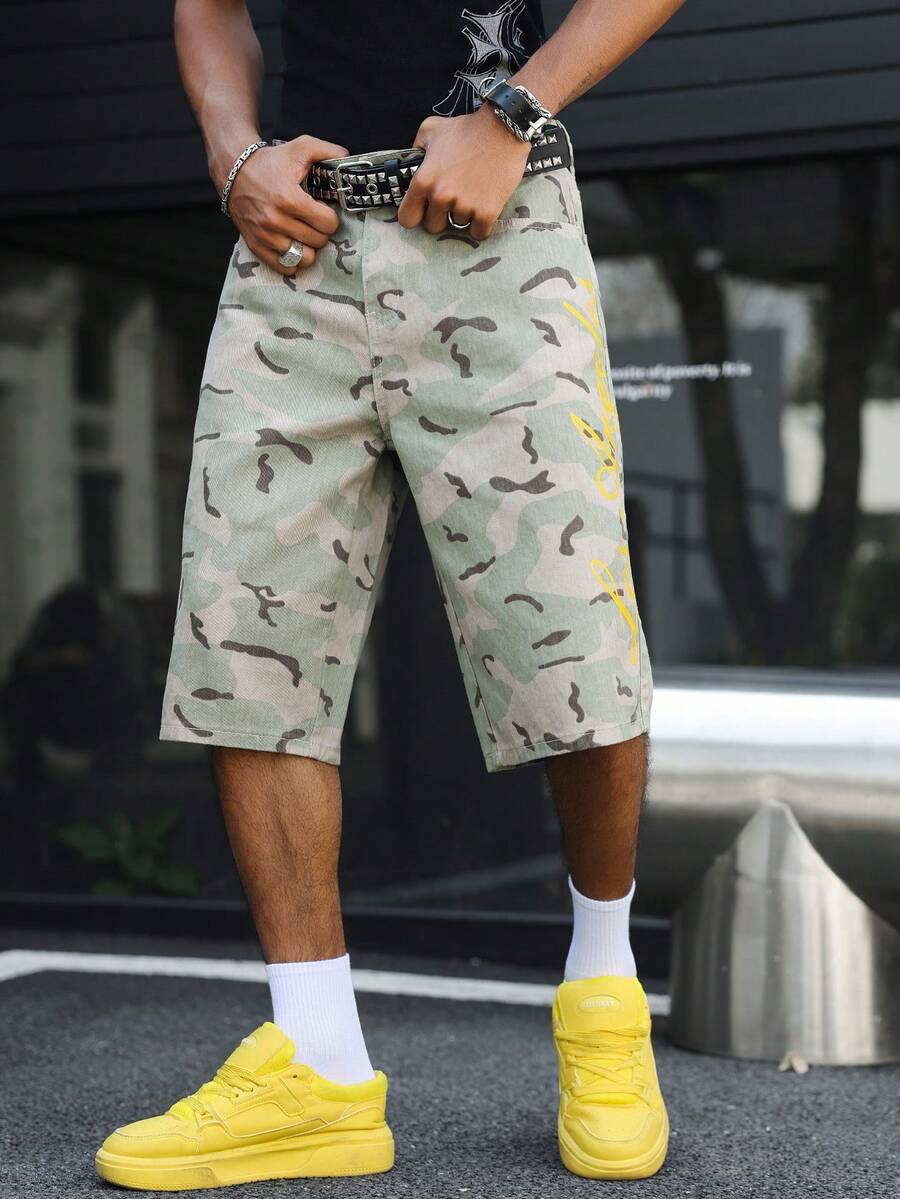 GALLERY FADE 休闲街头迷彩直筒宽松英文标语印花牛仔短裤，春夏款 - 彩色 - 查看 1