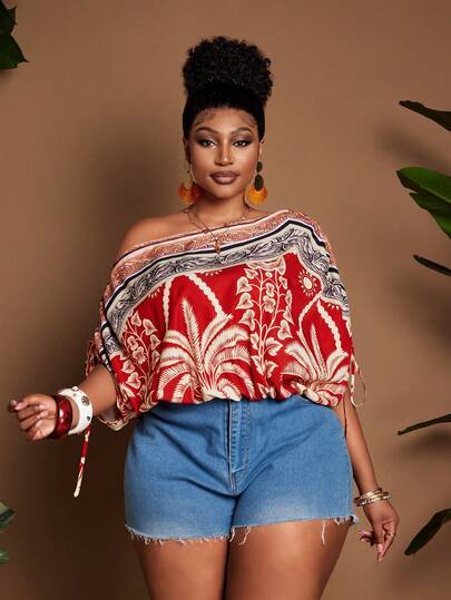 Maweii Plus Size Women Abstract Print Drawstring Ruched Casual Blouse