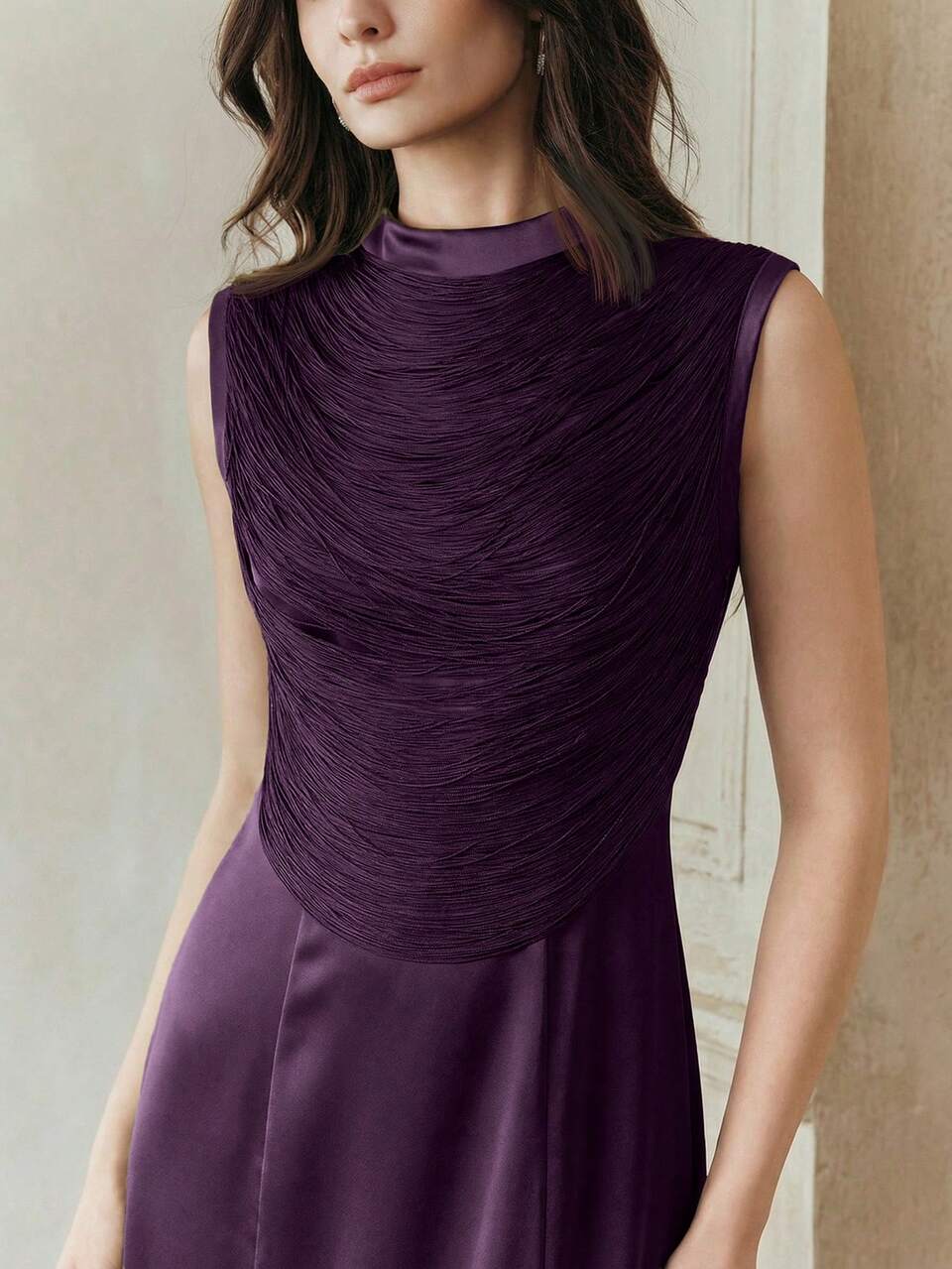 Anewsta Sleeveless High Neck Fringe Splice Satin Mermaid Purple Dress, Retro Elegant Chic High-End Style For Women Dinner Party Dark Summer/Fall