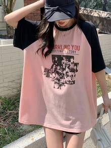 DAZY Figure And Slogan Printed Round Neck Colorblock Raglan Sleeve T-Shirt Graphic Tee - Pink - View 1