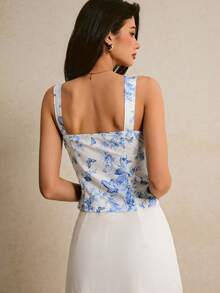 女士印花前扣蝴蝶结装饰无袖上衣 - 藍色 - 查看 7