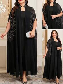 SHEIN Clasi Vestito canotta tinta unita e cardigan aperto davanti casual, completo da 2 pezzi, taglie comode per donna - nero - Visualizzare 11
