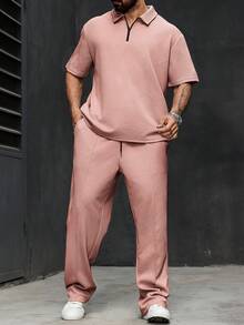 Manfinity Homme Plus Size Men's Solid Color Short Sleeve Polo Shirt And Pants Set - Pink - View 3