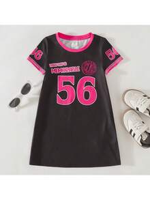 THE HAPPY LOOK Vestido casual recto de punto de cuello redondo de manga corta con patrón de letras, adecuado para salidas, juegos, fiestas, vacaciones, deportes ligeros y múltiples ocasiones, para niñas jóvenes - Multicolor - Ver 4