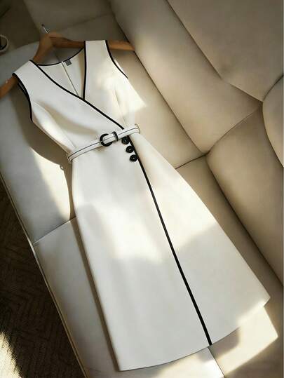 Franclia White V-Neck Sleeveless Dress With Black Trim And A Fitted Waist. The Fabric Drapes Beautifully, And The Slim Fit Accentuates Curves. Elegant And Sophisticated, Suitable For Parties And Commuting. Women's Apricot Dress, Fashionable Dress, Commuting Dress, Casual Everyday Versatile Dress, Women's Long Dress, Women's Fitted Dress, Women's Sleeveless Dress, Birthday Dress, Date Dress, Spring Dress, Women's Dress Outfits, Fashionable Casual Commuting Wear, Color-Blocked Dress, Business Office Wear.Graduation Season Attire, Fashionable Casual Commuter Wear, Business Office Wear, Versatile And Stylish Everyday Casual Wear, Urban Teacher's Professional Attire