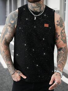 Manfinity Homme Áo thun nam dáng rộng, chất liệu mềm mại, màu trơn, cổ tròn, không tay, với hiệu ứng ánh kim. Thích hợp cho kỳ nghỉ hoặc làm quà tặng cho bạn trai; lý tưởng cho phong cách đường phố thường ngày. - màu đen - Xem 7