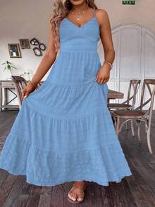 SHEIN Clasi Vestido de tirantes bohemio con espalda descubierta, dobladillo con volantes para outfit de verano de mujer talla grande - Azul - Ver 6