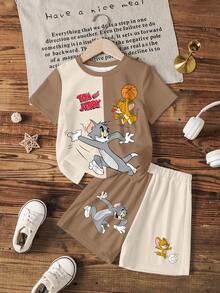 TOM & JERRY X SHEIN Young Boys Colorblock Round Neck Short Sleeve Cute Cartoon T-Shirt Set - White - View 1