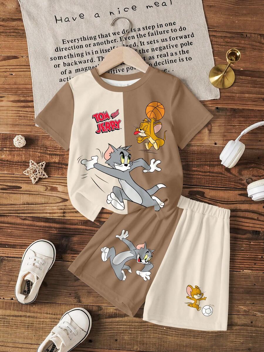 TOM & JERRY X SHEIN Young Boys Colorblock Round Neck Short Sleeve Cute Cartoon T-Shirt Set - White - View 1