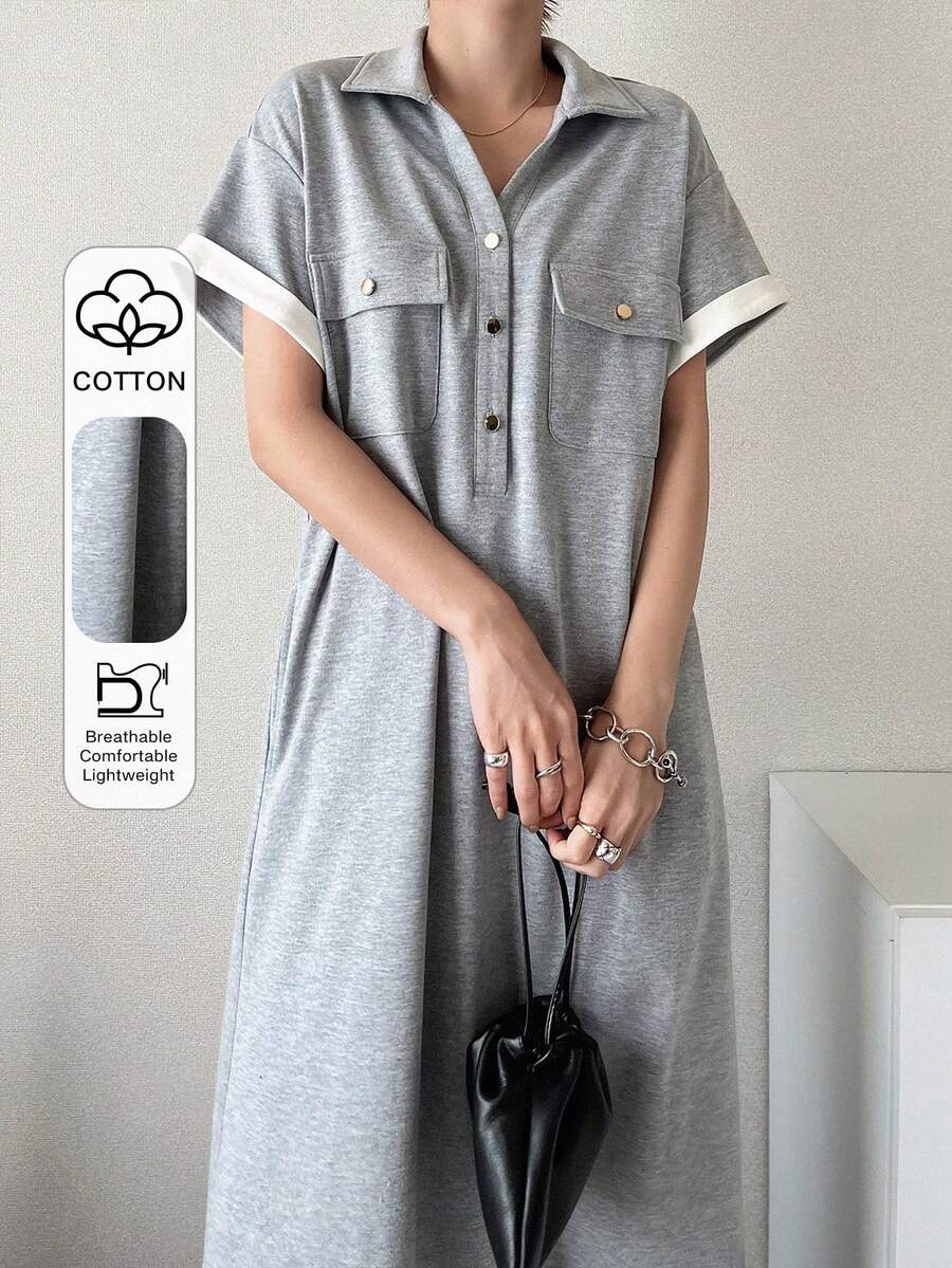 FRIFUL 女士高领直筒中长连衣裙，适合夏季都市通勤 - 灰色 - 查看 1