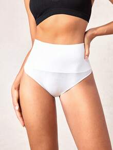 Plain Ribbed Knit Waist Shapewear Thong - White - View 3