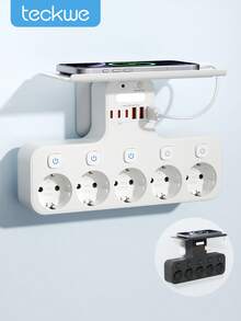 Teckwe 5孔牆壁插座擴展器，附6個USB充電埠(3C+3A)，壁掛式電源接線板，含手機置物架與開關，家用多功能插頭轉接器 - 查看 1