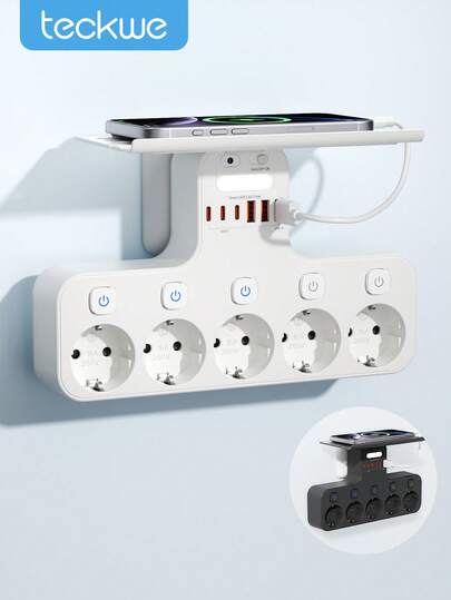 Teckwe 5-Way Wall Socket Extender With 6 USB Charging Ports (3C+3A), Wall Mounted Power Strip With Phone Shelf & Individual Switches, Multi Plug Adapter For Home