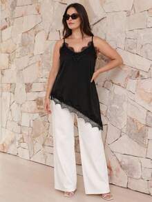 Juhart 大码女式纯色缎面蕾丝边不对称开衩优雅休闲日常吊带背心 - 黑色 - 查看 9