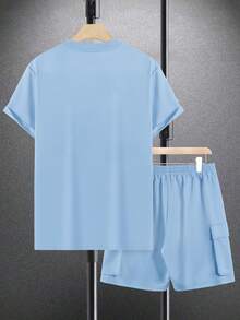Manfinity Homme Men's Solid Color Crew Neck Short Sleeve T-Shirt And Cargo Shorts Set - Blue - View 2