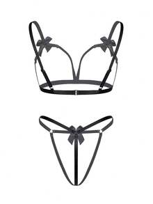 SpicyHot 2pcs Women's Sexy Lingerie Set (Wireless, Thong) - Black - View 2