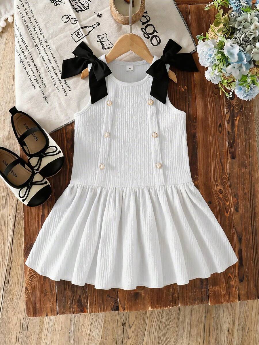 Genkimix Kids Young Girl' Elegant Textured Blue Dress With Pearl Buttons And Bow Accent - Black and White - View 1