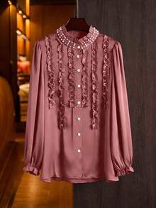 Modelyn Elegant Solid Color Ruffle Collar Long Sleeve Fitted Plus Size Blouse, Suitable For Spring And Autumn Fall - Redwood - View 3