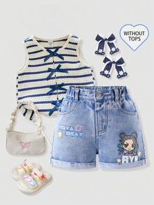 1pc Young Girls Light Teal Summer Denim Shorts,Cartoon Letter Embroidery Elastic Waist Loose Straight Cuffed Jean Shorts For Kids Toddler Girls - Light Wash - View 4