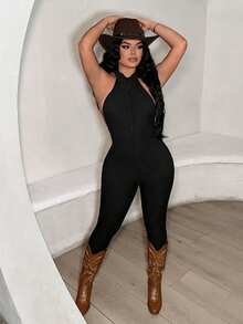 SHEIN SXY Black Sexy Backless Halter Neck Zipper Jumpsuit - Black - View 5