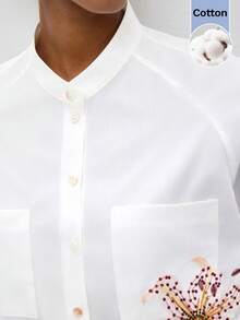 Maija Camisa holgada con botones al frente, cuello alto y mangas raglán con estampado floral para mujer - Blanco - Ver 5