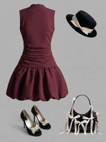 Firerie Kids Firerie Kids Nova Glow Tween Girls Elegant Burgundy Summer Party Dress,Solid Red Stand Collar Y2k Bachelorette Graduation Dress For Kids,Back To School Outfits - Red - View 2