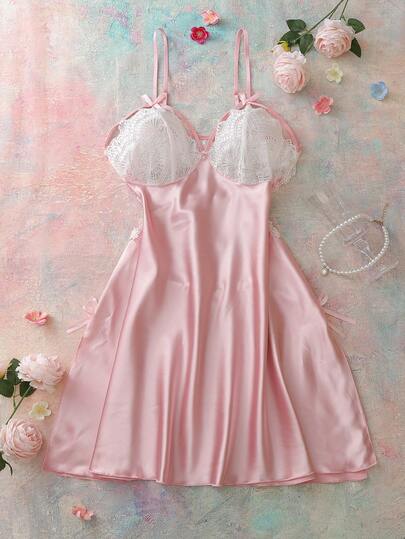 FloralLove Áo ngủ hai dây hở lưng phối ren tương phản màu sắc thanh lịch cỡ lớn, thích hợp cho mùa hè.