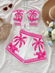 Soleia 女士棕榈树印花打结抹胸上衣和短裤两件套，度假风 - 彩色 - 查看 5