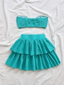 Soleia 春夏度假镂空海星金属抹胸露脐上衣和层叠迷你裙针织纹理两件套，适合度假、约会、下午茶、音乐节、波西米亚风度假等场合。 - 水鴨藍 - 查看 2