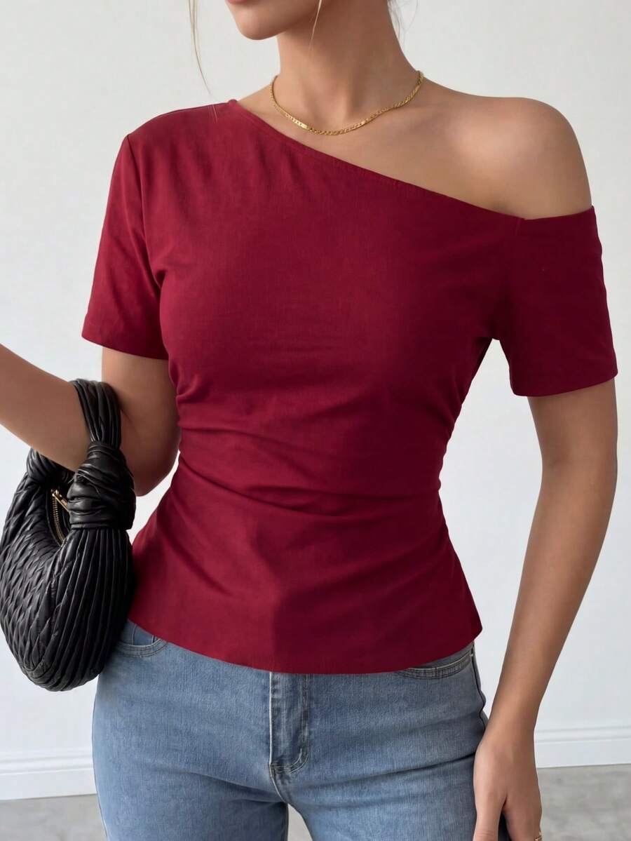 Ritzy Row 女士休闲优雅酒红色不对称肩短袖夏季浪漫衬衫，通勤衬衫，夏季上衣，女士情人节、狂欢节服装、派对上衣、婚礼和活动、女士度假、红色上衣毕业季服装、时尚休闲通勤装、商务办公装、百搭时尚日常休闲装、都市教师职业装 - 酒紅色 - 查看 1